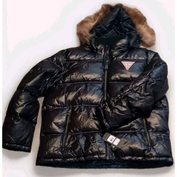NWT Guess Men’s Large Black Puffer Jacket W Hood & Brown Faux Fur Zipper XXL - Picture 1 of 7